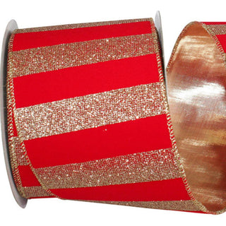 Red and Gold Glitter Stripes Velvet Ribbon, 4" X 10YD