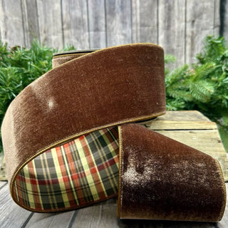 Brown Velvet Cornucopia Plaid Ribbon, 4" X 10YD