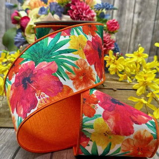 Tropical Palm Hibiscus Watercolor Ribbon, 4” x 10YD