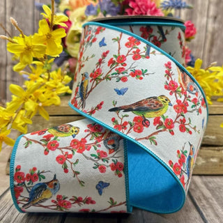 Quince Blossoms With Birds Ribbon, 4“ x 10YD