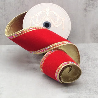 Red Jewel Side Trim Velvet Ribbon, 4" X 5YD
