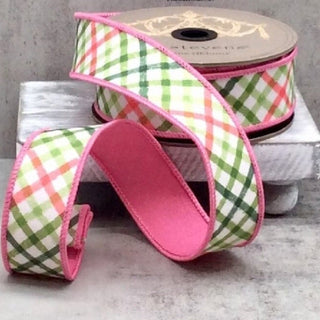 Watercolor Diagonal Pink and Green Check Ribbon, 1.5" x 10YD