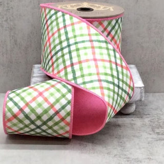 Watercolor Diagonal Pink and Green Check Ribbon, 4“ x 10YD