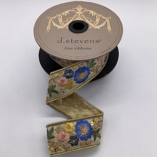 Metallic Dupion Embroidery Flowers Ribbon, 1.5“ x 5YD