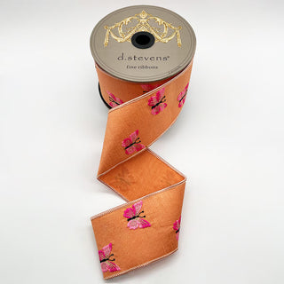 Tangerine Dupion Ribbon with Pink Embroidered Butterflies, 2.5" x 10YD