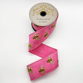 Hot Pink Dupion Ribbon with Embroidered Honey Bees, 2.5" x 10YD