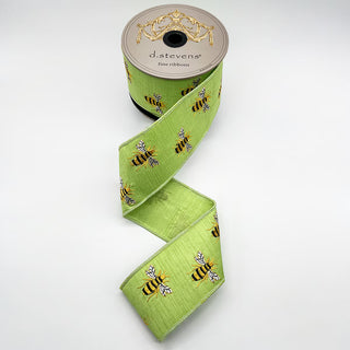 Celery Green Dupion Ribbon with Embroidered Honey Bees, 2.5" x 10YD