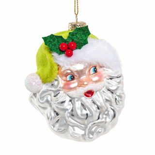 Jolly Santa with Flocked Hat Glass Ornament