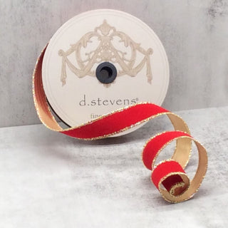 Cranberry Gold Back Flocked Velvet Ribbon, 1" X 25YD