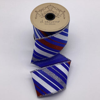 Red, White, Blue, Silver Diagonal Stripe Ribbon, 2.5” x 10YD
