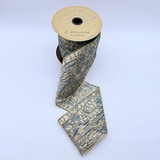 Dusty Blue & Metallic Abstract Pollock Jacquard Ribbon, 4” x 10YD