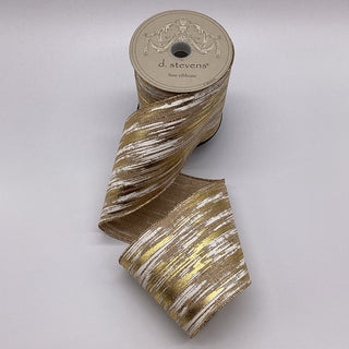 Metallic Gold, Brushed White, Linen Ribbon, 4” x 10YD