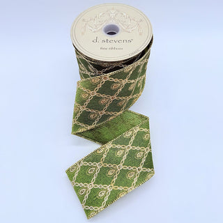 Olive Green & Gold Diamond Pattern Ribbon, 2.5” x 10YD