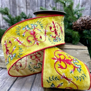 Yellow Velvet Embroidered Ribbon, 4" X 5YD