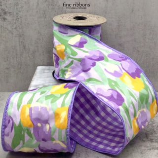 Poplin Tulip Watercolor and Check Ribbon, 4“ x 5YD