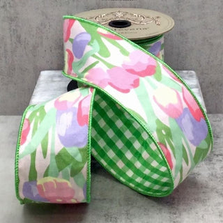 Poplin Tulip Watercolor and Check Ribbon, 2.5" x 10YD