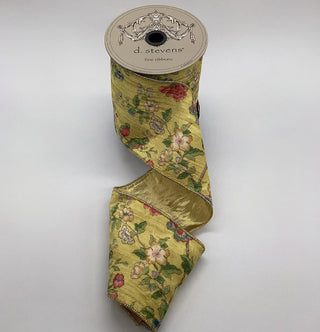 Satin Floral and Gold Butterfly Ribbon, 4” x 10YD