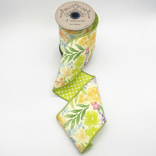 Green Watercolor Floral and Polka Dots Ribbon, 4” x 10YD