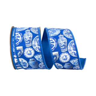 Blue Chinoiserie Twill Deluxe Dupioni Ribbon, 2.5" X 10YD