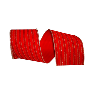 Red Glitter Stripe Velvet Wired Edge Ribbon, 4" X 10YD