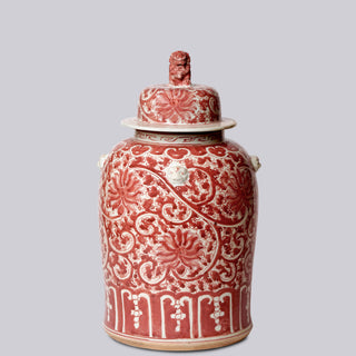 Red and White Scrolling Lotus Temple Jar