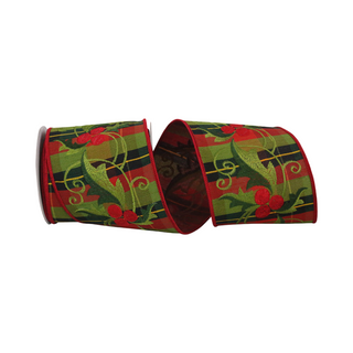 Embroidered Holly Dupioni Plaid Ribbon, 4" X 5YD