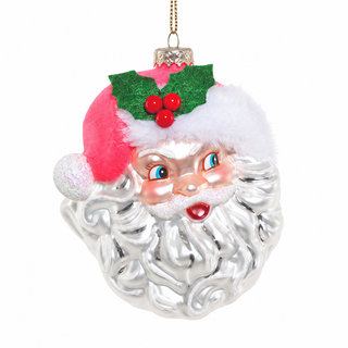 Jolly Santa with Flocked Hat Glass Ornament