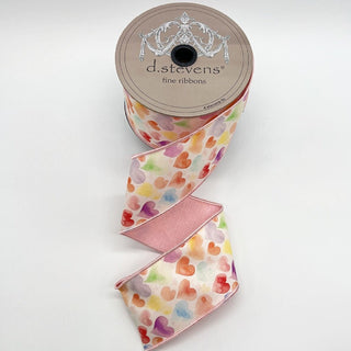 Ivory Taffeta Watercolor Hearts Ribbon, 2.5” x 10YD