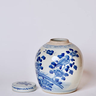 Blue and White Bird and Flower Jar