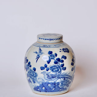 Blue and White Bird and Flower Jar