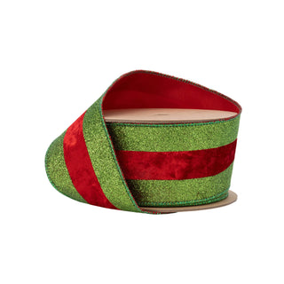 Green Glitter with Red Velvet Stripe Ribbon, 2.5" X 10YD