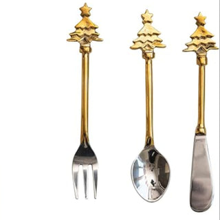 Brass & Stainless Steel Utensils with Christmas Tree Handles, Set of 3