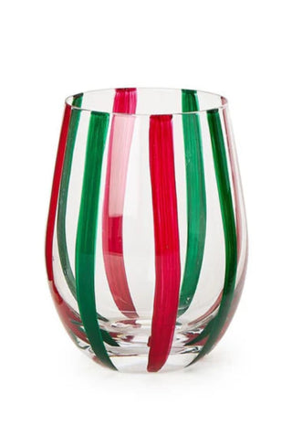 Holiday Cheer Red and Green Stripes Stemless Wine Glass