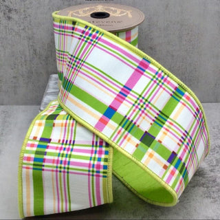 Poplin Colorful Green Plaid Ribbon, 4“x10YD