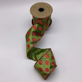 Red Polka Dot Metallic Dupion Lime Green Ribbon, 2.5" X 10YD