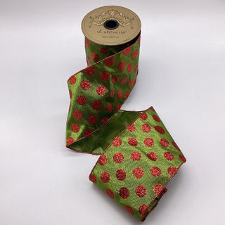 Red Polka Dot Metallic Dupion Lime Green Ribbon, 4" X 10YD