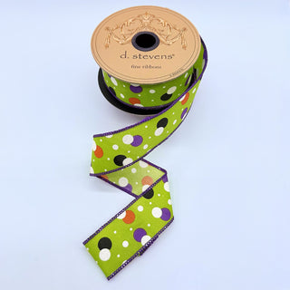 Lime Green & Purple Polka Dots Halloween Ribbon, 1.5“ x 10YD