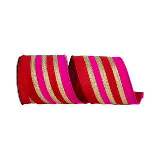 Red and Fuchsia Stripe Overlay Dupioni Ribbon, 4" X 5YD