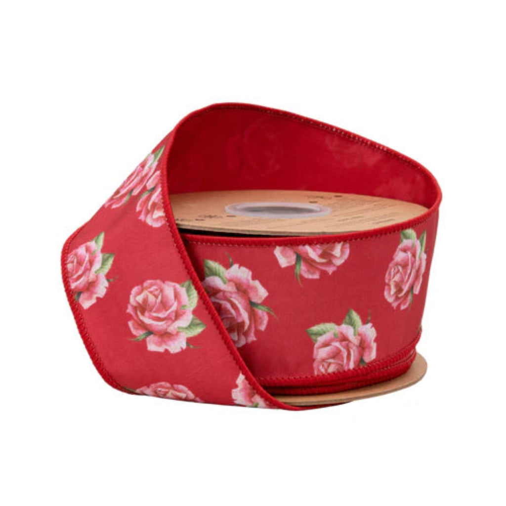 Dupioni Red with Pink Roses Ribbon, 2.5