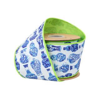 Dupioni Blue, White and Green China Pots Ribbon, 4" x 10YD