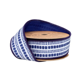 Dupioni Blue and White Striped Dots Ribbon, 1.5" x 10YD