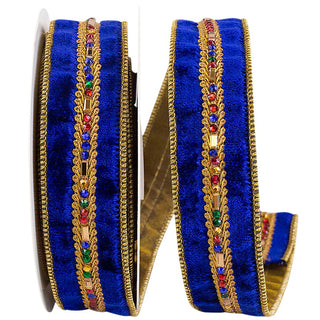 Royal Blue Jewel Stones Trim Velvet Ribbon, 1.5" X 5YD