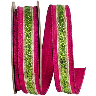 Fuchsia and Lime Glitter Stripe Fiesta Ribbon, 1" X 5YD