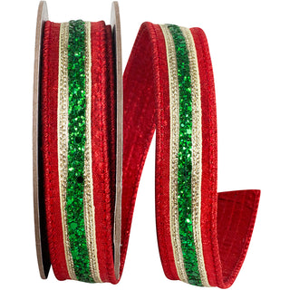 Red and Green Glitter Stripe Fiesta Ribbon, 1" X 5YD