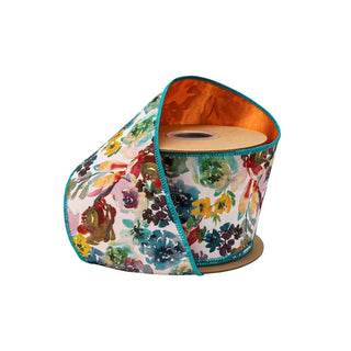 Aqua & Orange Floral Ribbon, 4" x 10YD