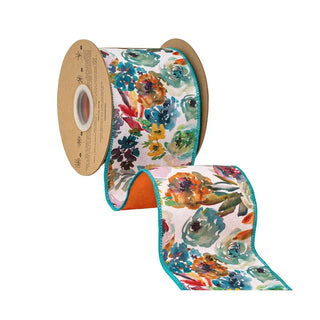 Aqua & Orange Floral Ribbon, 4" x 10YD