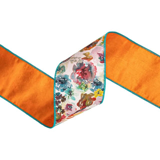 Aqua & Orange Floral Ribbon, 4" x 10YD