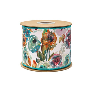 Aqua & Orange Floral Ribbon, 4" x 10YD