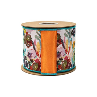 Aqua & Orange Floral Ribbon, 4" x 10YD