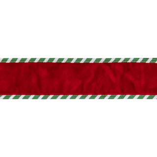 Red Ribbon with Green/White Striped Backing and Piping, 2.5"X 10Y